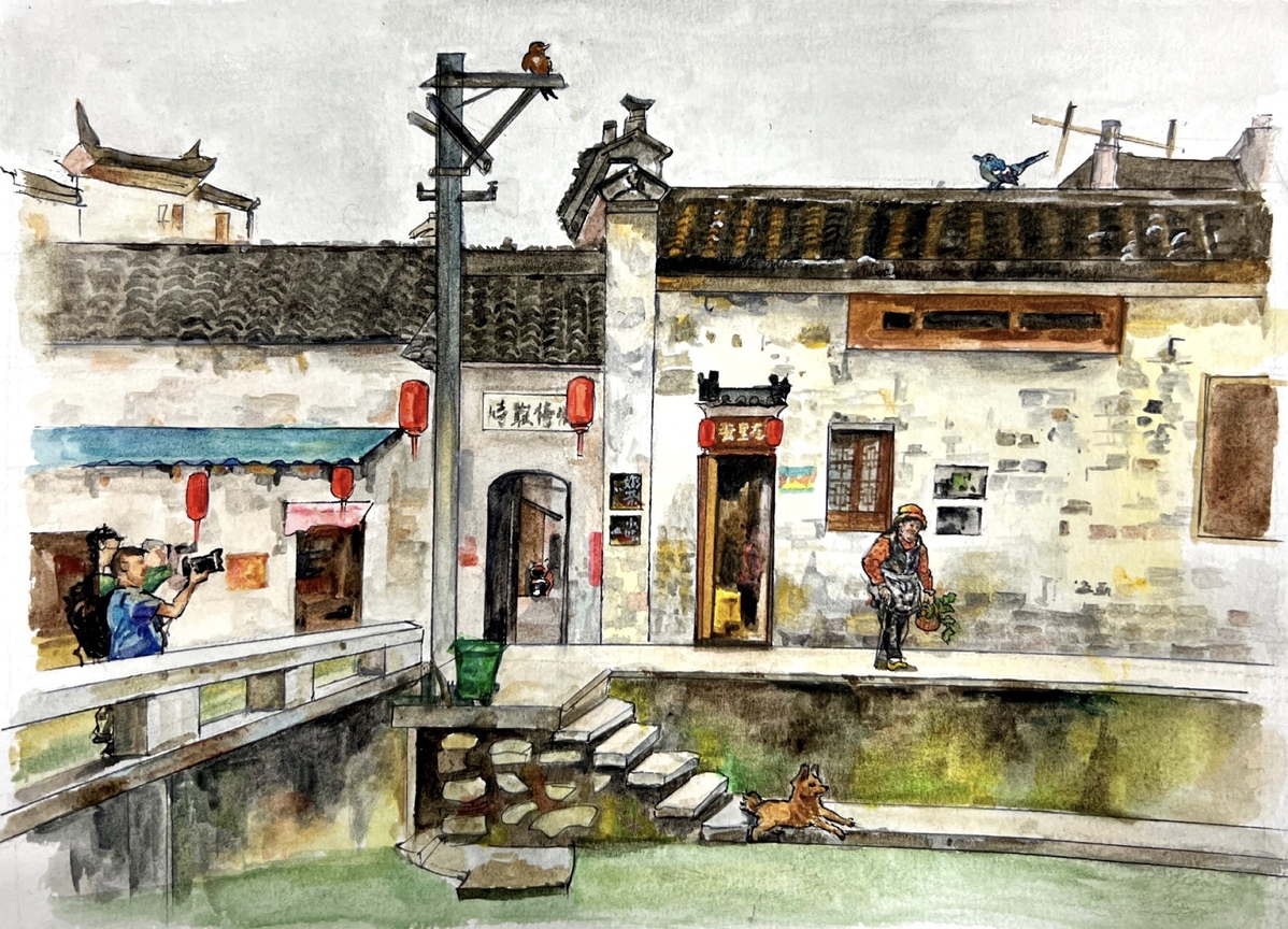 水粉畫(huà)《古韻村落》，紀(jì)雨辰，19.5cm x 27cm.jpg
